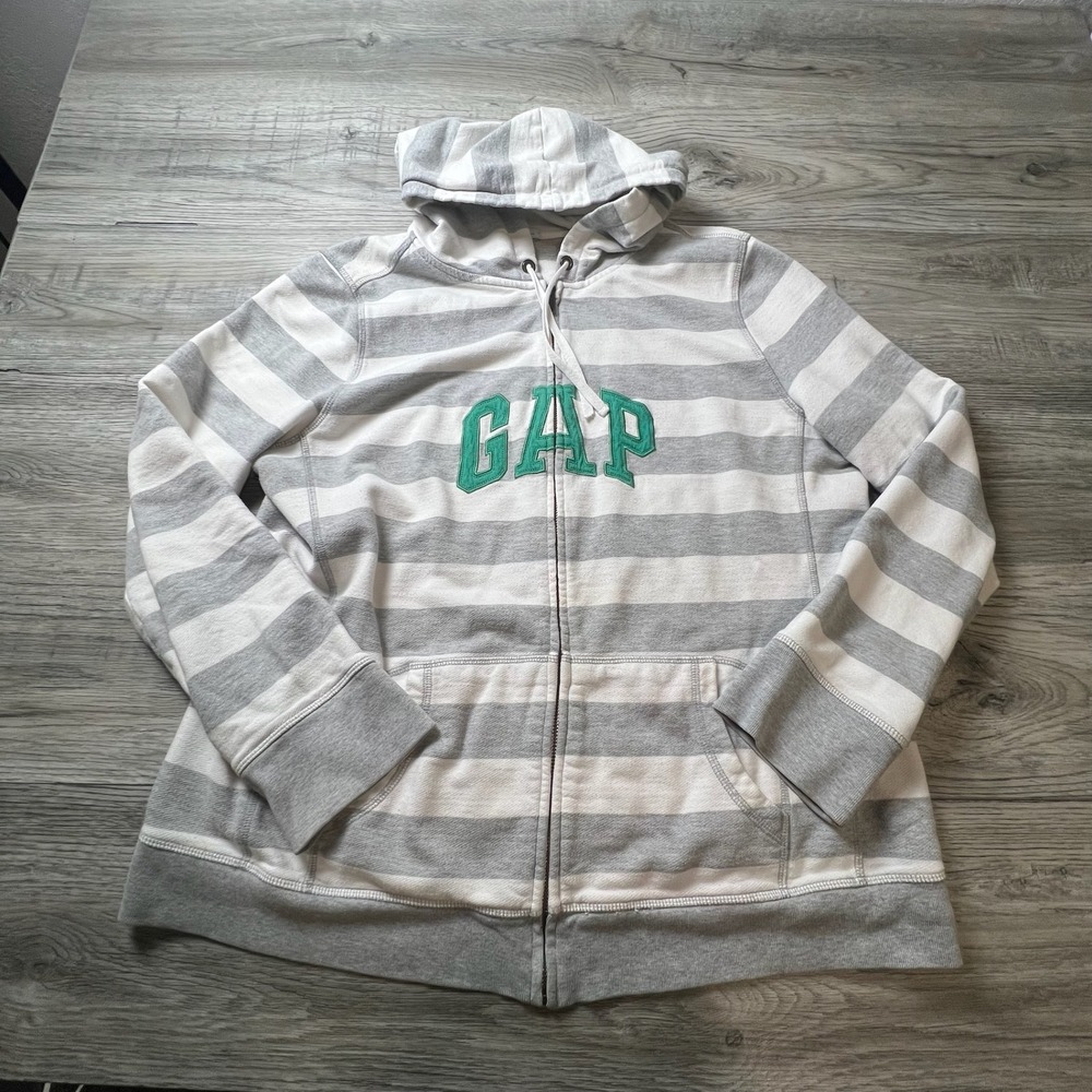Gap Striped Zip Up Hoodie Women XL Grey White Green Logo Fleece Sweatshirt